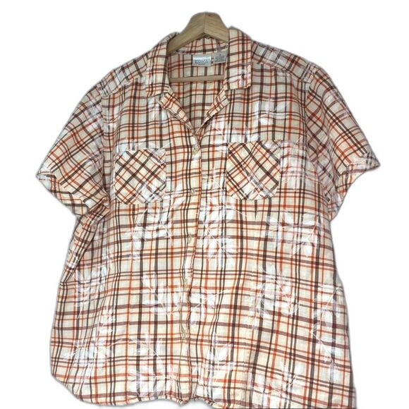 Erika Plaid Cotton Button up Orange Brown Beige Short Sleeve Shirt… - Picture 5 of 8